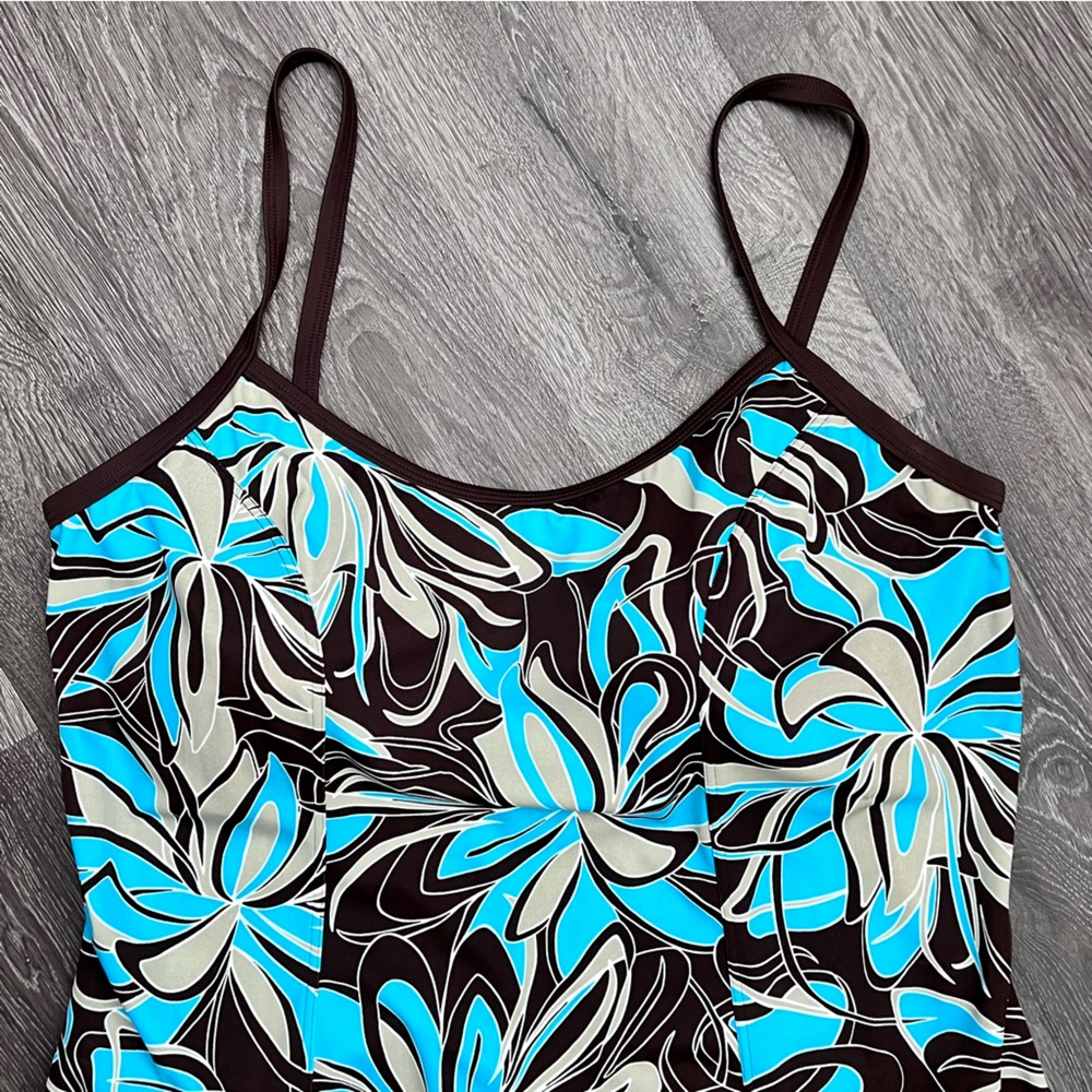 BALTEX Blue Brown Floral Tankini Swim Top Shelf Bra Beach Plus Size 1X - Picture 8 of 16